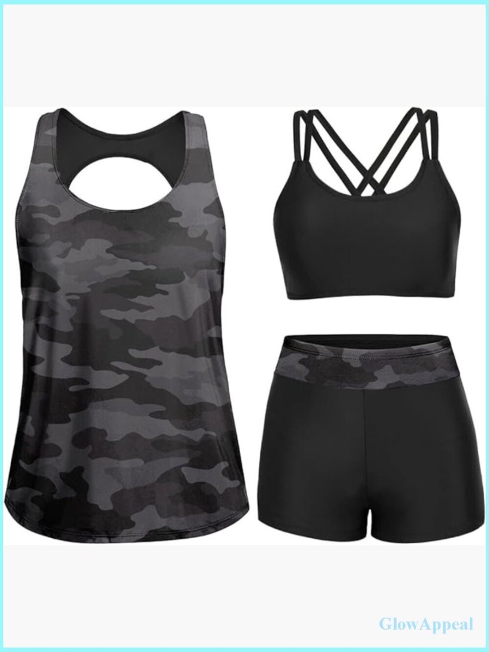 3 Piece Tankini Set with Boy Shorts & Swim Bra Modest Swimwear